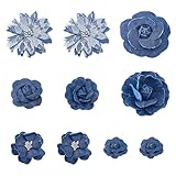 Hobbspring 10 flores de tela vaquera, 7 estilos, azul acero, flores de tela vaquera, camelia, flores de costura para ropa, pinzas para el cabello, decoración, accesorios de disfraces DIY