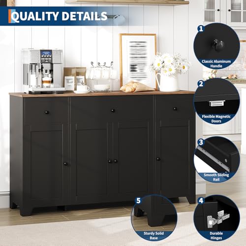 55" Sideboard Buffet Cabinet with Storage, Coffee Bar with Adjustable Shelves, 3 Drawers and 4 Minimalist Doors, Long Storage Cabinet for Kitchen, Dining Room, Living Room- Black