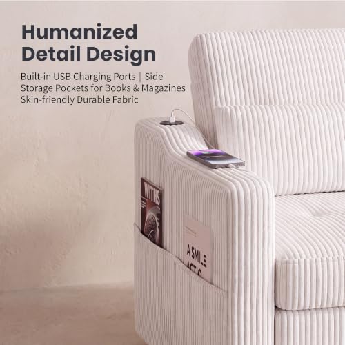 Image of 51.6 inch 3-in-1 Convertible Sleeper Sofa Bed, Pull Out Loveseat Couch with 5-Position Adjustable Backrest, USB & Type-C Ports, Side Storage Pockets, Corduroy Sofa Bed for Small Spaces
