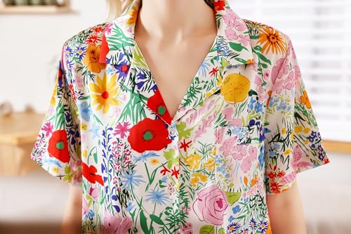 Image of YiNi LuLu Womens Silk Satin Shorts Pajamas Set Button Down 2 Piece Pjs Short Sleeve Oversized Sleepwear with Pockets
