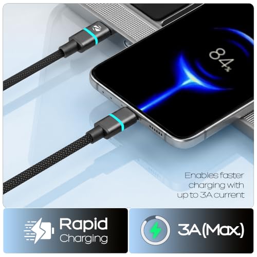 Image of ZEBRONICS Wattz 65CC3 Type-C to Type-C Cable, PD 65W, 3A Rapid Charging, Durable 1.5m Braided Cable, Blue Breathing LED, Charge & Sync, 480Mbps Data Transfer, Mobile /Tablet /Laptop Compatible (Black)