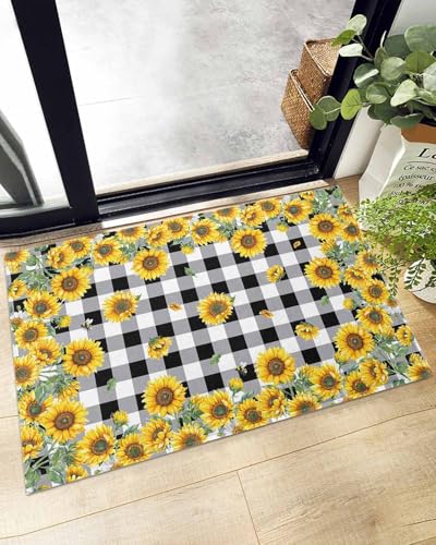 Indoor Doormat Watercolor Sunflowers Floral on Buffalo,Shaggy Floor Mat with Non-Skid Backing Black White Yellow,Machine Washable Plush Area Rug Carpets for Kitchen Nursery Bedroom