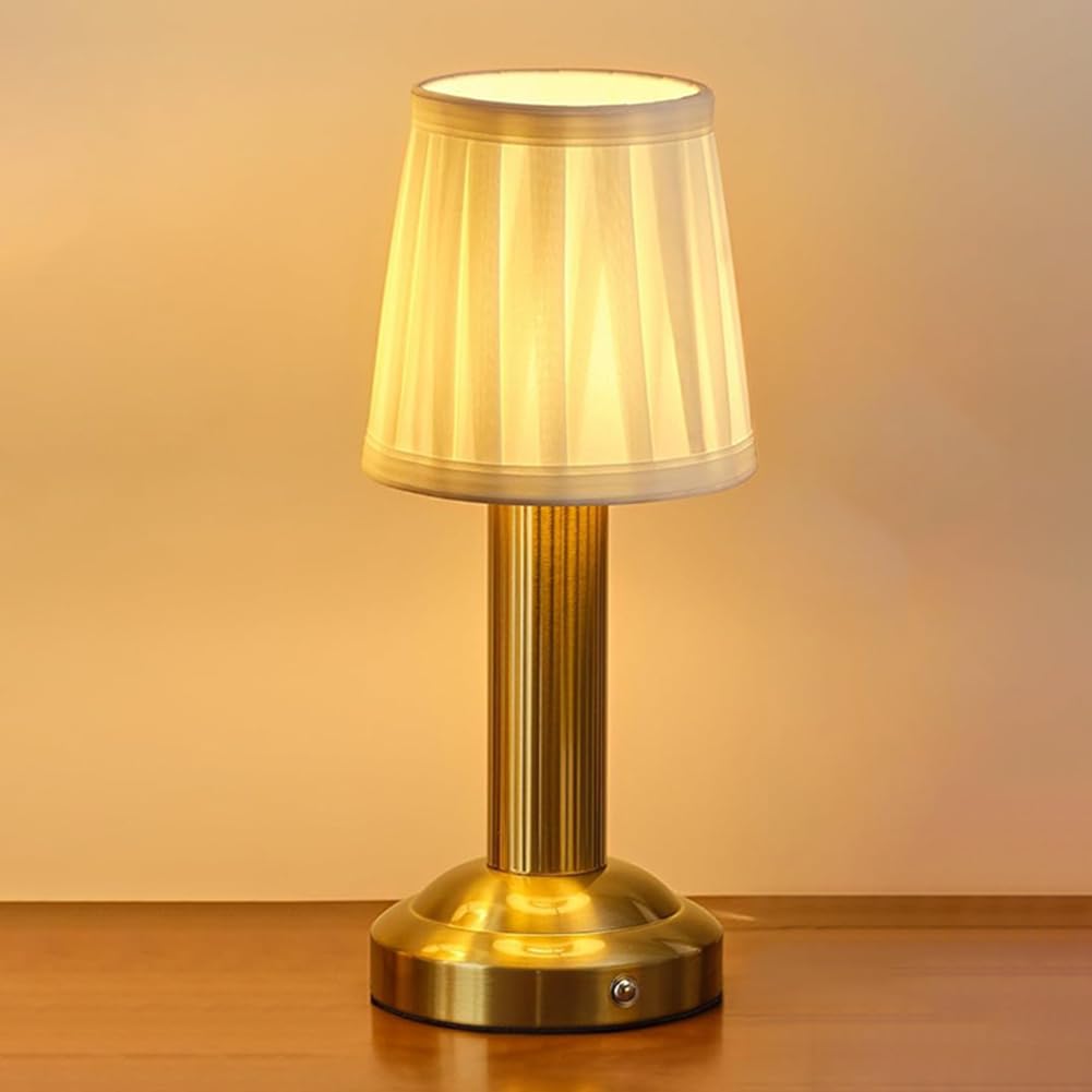 LOGT Wireless LED Table Lamp, Rechargeable Bedside Lamp, Dimmable Vintage Table Lantern Battery Operated 3 Brightness Settings Desk Lamp with Fabric Shade Ideal for Bedside Tables Bedrooms,Gold