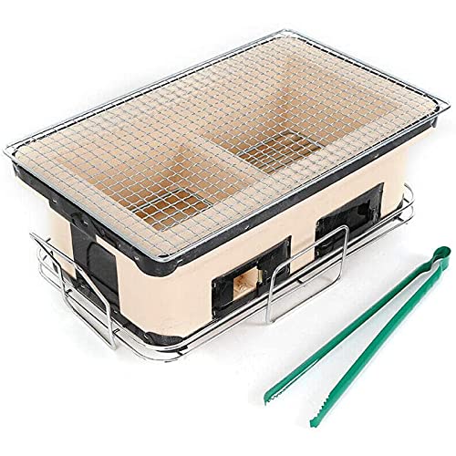 炭火炉、 日本製BBQグリル 長方形 火鉢 炭火 セラミック 粘土 グリル 卓上 焼肉コンロ 炭火焼き器 フードトング付き アウトドア 屋内 キャンプ用 (ベージュ)