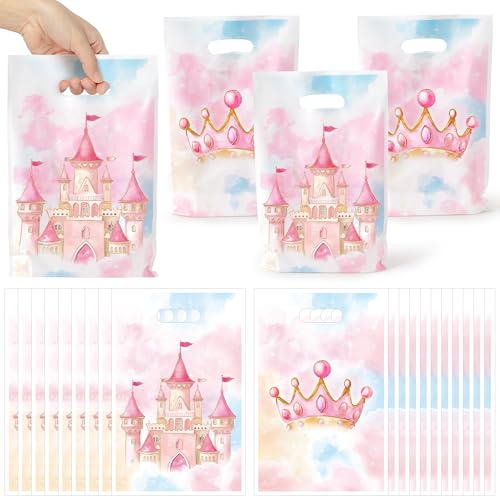 K1tpde 50PCS Watercolor Princess Party Favor Bags, Pink Princess Castle Theme Plastic Goodie Gift Bags Bulk with Handle for Girl, Watercolor Pastel Castle Fairytale Party Decorations Birthday Supplies