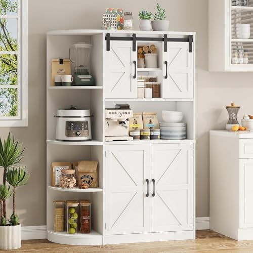Image of Vabches Farmhouse Pantry Cabinet, Kitchen Pantry Storage Cabinet with Sliding Door, Rustic Buffet Sideboard with Microwave Stand, Freestanding Cupboard with Shelves for Dining Room, White