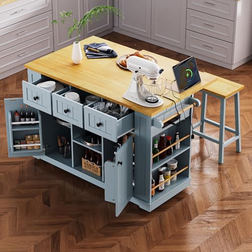 Carrito de isla de cocina grande de 53 pulgadas con 2 taburetes de bar, toma de corriente, hoja de caída, 5 ruedas, 3 cajones y estantes abiertos, muebles versátiles de cocina y comedor gris azul