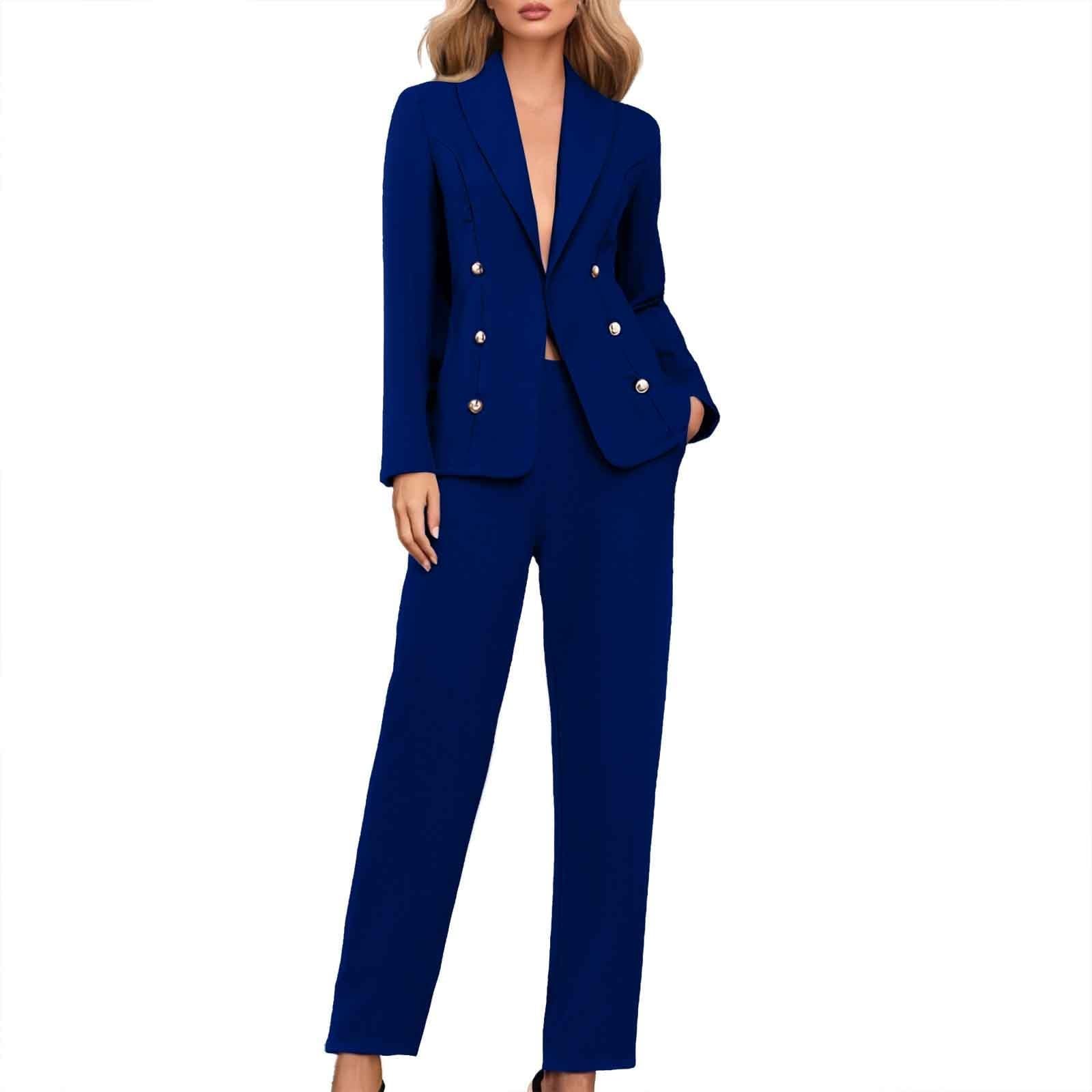 Womens 2 Piece Suit Set Double Breasted Lapel Blazer Jacket and Dressy Pants Suit Business Outfits for Work