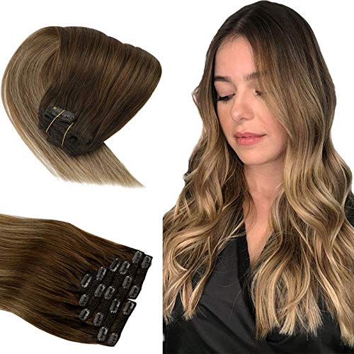 Sunny Balayage Hair Extensions Clip in Human 16 inch Clip in Hair Extensions Ombre Blonde Clip in Extensions Dark Brown to Light Brown and Medium Blonde 7pcs/120 gram