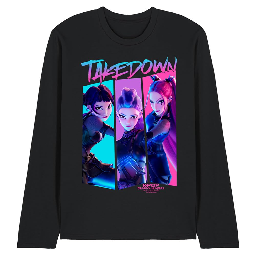 Kpop Demon Hunters Huntrix Demons Takedown Comic Unisex Long Sleeve T Shirt, Black, Medium