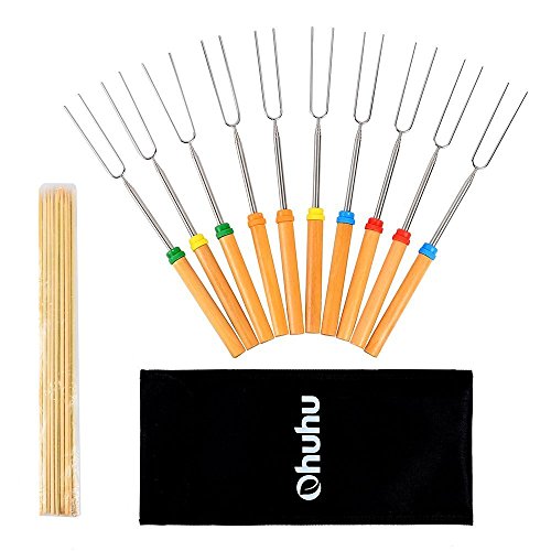 Ohuhu 10 x 32inchTelescoping Forks & 12 x 11inch Bamboo Skewers with Carry Case