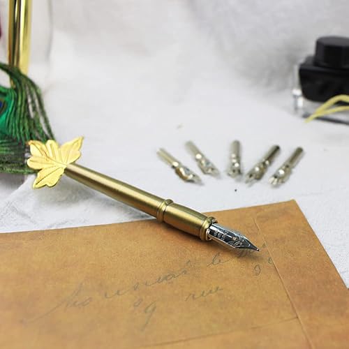 Miniatura 3 de Juego de tinta de plumas de pavo real, bolígrafo de caligrafía de plumas de escritura vintage con soporte para bolígrafo, 5 piezas de punta de metal