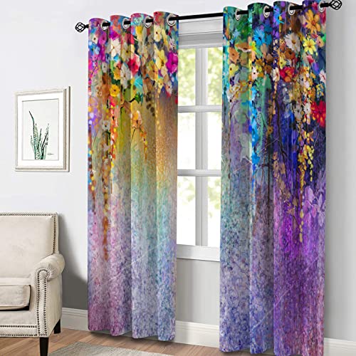 Aimego Floral Blackout Curtains Weeping Plant Colorful Flower Art Romantic Window Drapes Decor For Bedroom Living Room Grommet Top Room Darkening Curtains 2 Panel Set, 52"X63" #TOP1