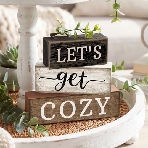 Image of Moucuny 4 Pcs Farmhouse Table Decor Inspirational Wooden Signs Rustic Eucalyptus Leaves Wooden Block Sign Gift Let's Get Cozy Farmhouse Table Centerpiece for Living Room Housewarming Gift