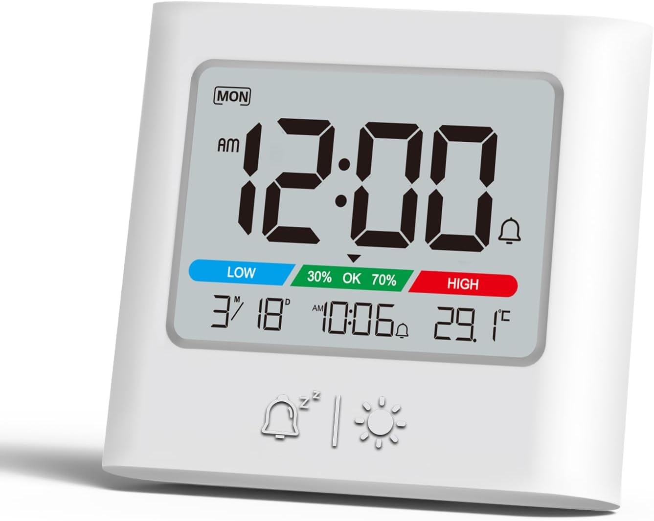 ALANAS Small Battery Alarm Clock, Portable Pocket Size Travel Alarm Clock,Date Temperature Humidity Display, Snooze, Backlight, Wall Mountable, for Student Dorm, Desk, Shelf ALANAS Small Battery Alarm Clock, Portable Pocket Size Travel Alarm Clock,Date Temperature Humidity Display, Snooze, Backlight, Wall Mountable, for Student Dorm, Desk, Shelf