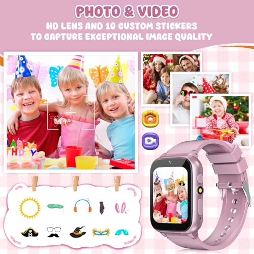 1.69'' Kids Smart Watch,Boys Girls Smartwatch, Pedomter 26 Puzzle Games Camera Video Music Player Flashlight Alarm Clock,4-12 Years Children Birthday (Pink)4