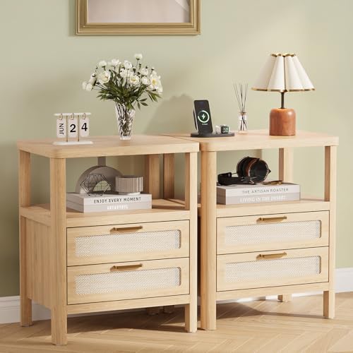 BouPower Nightstands Set of 2,Rattan Nightstand with Drawers,Farmhouse Bedside Table with Open Wood Shelf,Narrow Side Table for Bedroom,Living Room,Sofas and Home Offices, Oak