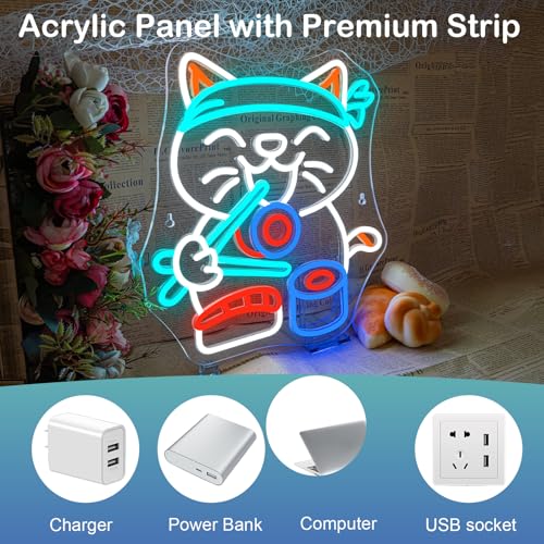 Image of Lucky Sushi Cat Neon Sign Japan Wall Light Gift for Restaurants Decoration | 13.8in*12.6in,Adjustable brightness (5 levels),Powered by USB,Applicable to Ramen Restaurants,Kitchen Home Party,Snack,Bar