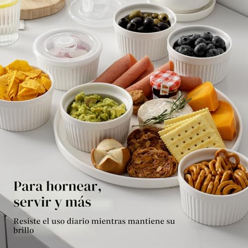 Miniatura 7 de Dowan Moldes Para Soufflé Con Tapas Set, 6 X 235 Ml Baking Moldes De Porcelana Para Hornear Crema Catalana Y Tartas, Cuencos De Postre, Apto Para Lavavajillas, Microondas Y Horno, Ø 10cm-Blanco