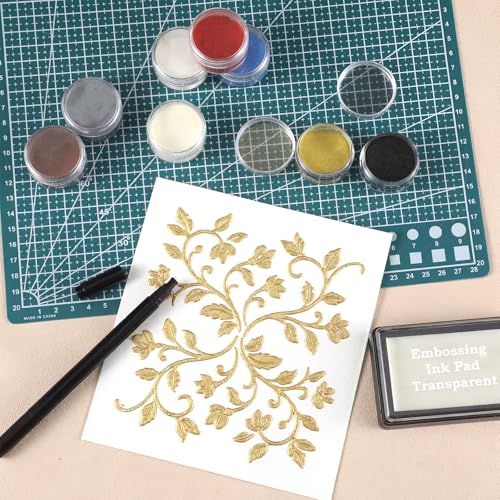 YooNotee Embossing Kit with 8 x 5g Embossing Powders Assorted Colors Clear Detailing Pen Ink Pad Suitable Supplies for DIY Crafts Greeting Cards Making Scrapbooking Wedding Invitations