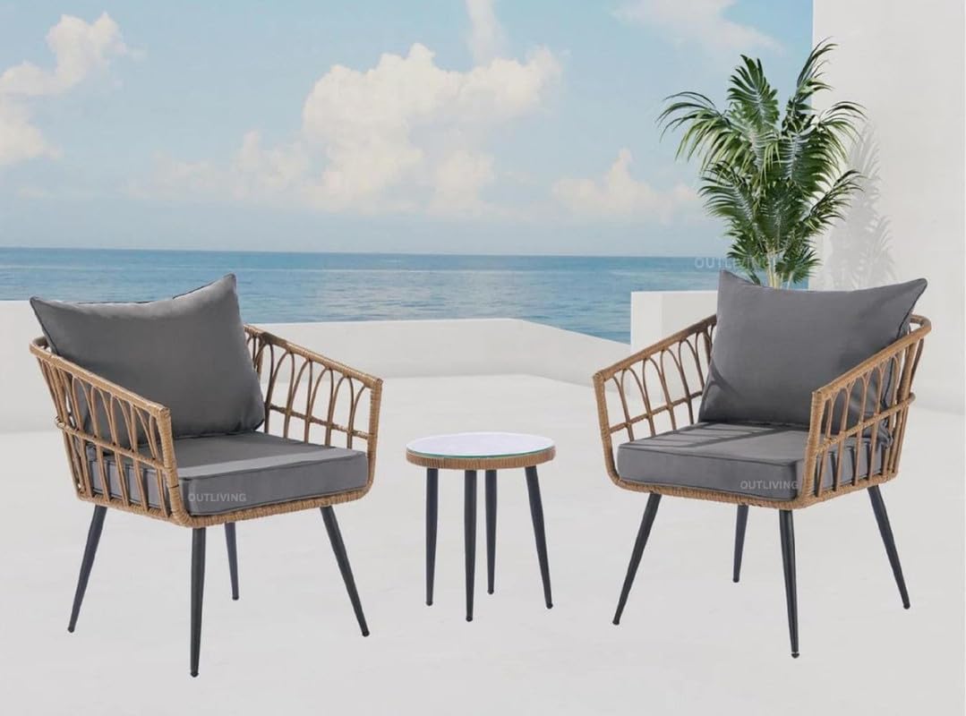 OUTLIVING Rattan Wicker Garden Patio Seating Chair and Table Set Outdoor Garden Balcony Round Coffee Table Set Furniture Bistro Sets (208 Brown)-image-34