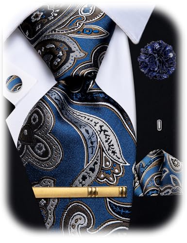 Image of YourTies Silk Paisley Floral Tie and Pocket Square Cufflinks with Lapel Pin Sets for Men 5PC Wedding Party