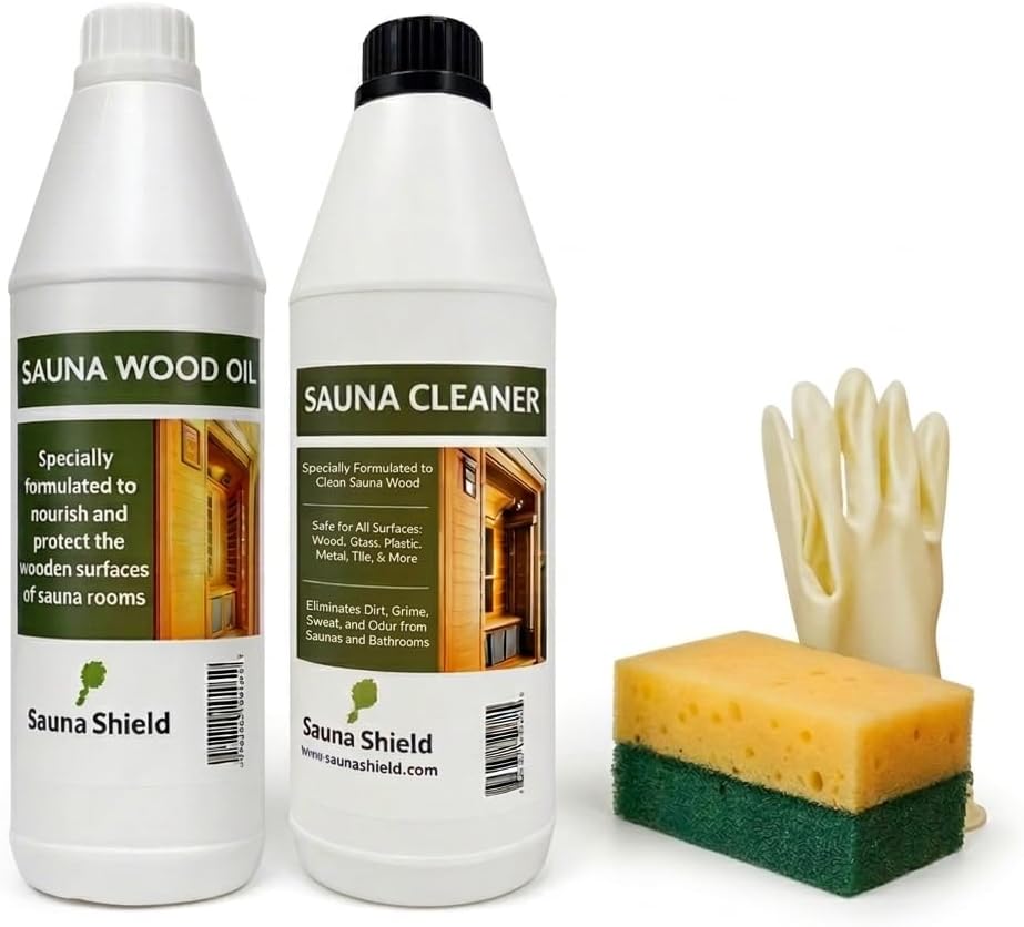 Sauna Care Set – Sauna Wood Oil & Sauna Cleaner (33.8 fl oz each) with Applicator Sponge & Gloves | Protects, Cleans & Nourishes Sauna Wood | For Traditional & Infrared Saunas