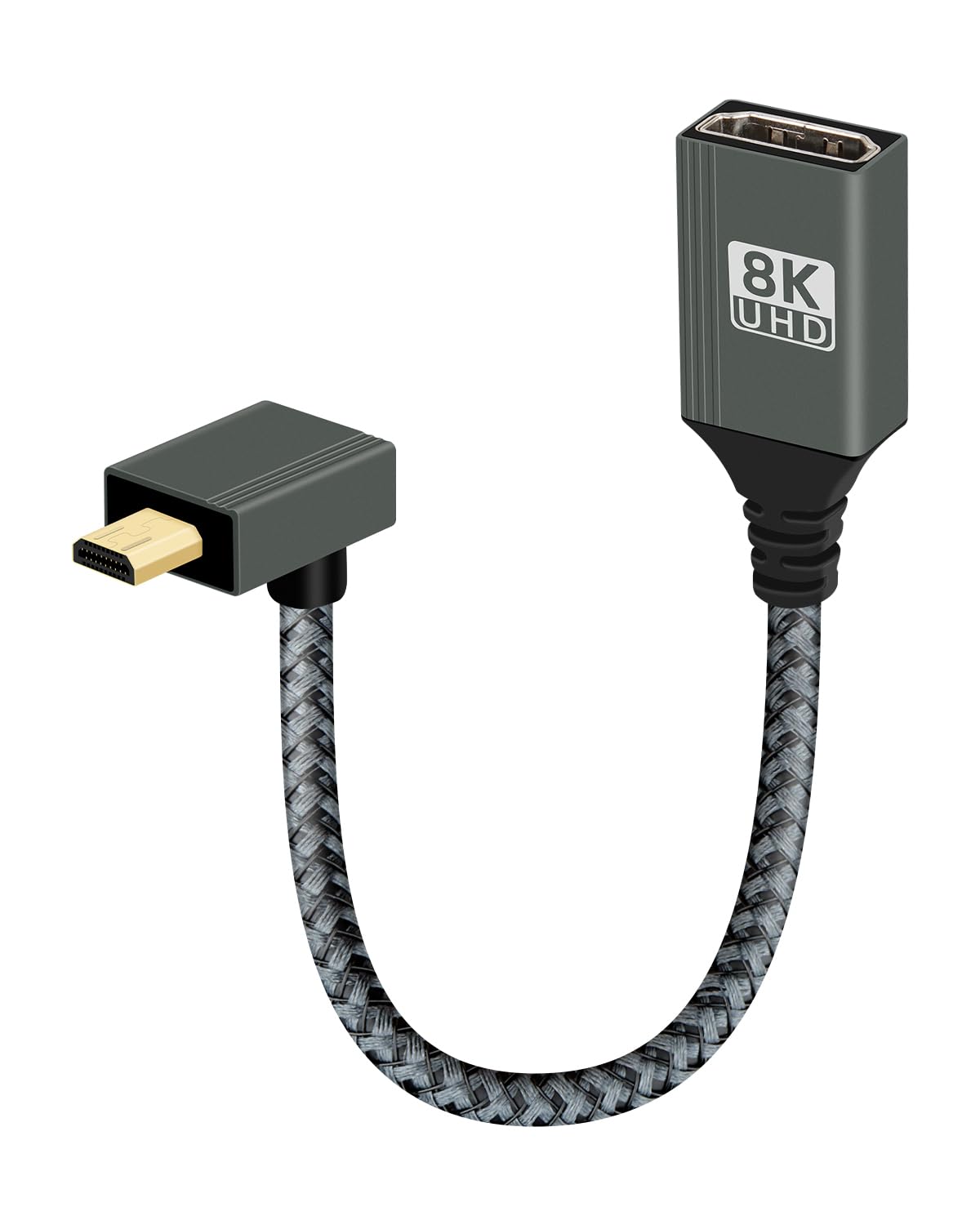 RIIEYOCA 8K HDTV2.1 Up Angled 90 Degree Micro HDTV Male to HDTV Female Adapter Cable,8K@120Hz 48Gbps Nylon Braided Compatible with go-pro/Nikon/Canon/Sony(15cm)