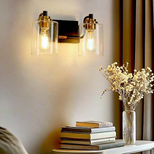 Image of Modern 2-Light Bathroom Vanity Light Fixture, Black and Gold Bathroom Light Fixtures Over Mirror with Large Clear Glass Shades, Farmhouse Wall Sconce for Bedroom Living Room, E26 Base