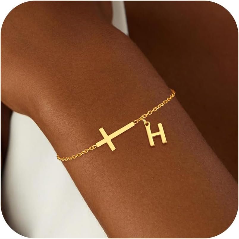 Initial Braclets for Girls Women - Teen Girls Gifts Trendy Stuff 18K Gold Plated Cross Initial Letter Bracelets Dainty A - Z Letter Bracelet Birthday Gifts for Girl Women Age 5-16