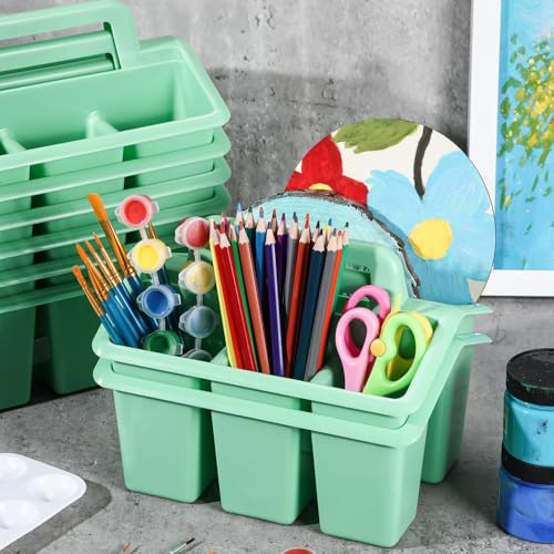 Image of WILLBOND 12 Pcs Classroom Storage Caddies Stackable Utility Caddies with 4 Compartment Plastic Caddy with Handle Portable Storage Bins Organizers for Kids Schools Art Craft Supplies(Green)