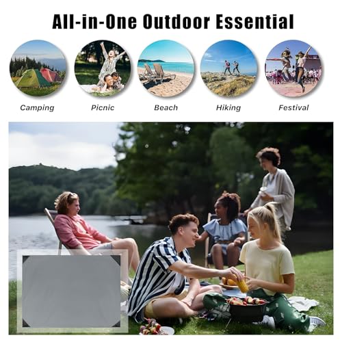 Picknickdecke Ultraleicht Ultradünne Tragbare Stranddecke, 210 x 200 cm Outdoor Decke Kompakt Strandtuch mit Praktischem Karabiner für Strand, Reisen, BBQ, Picknick, Camping und Wandern (Grau)