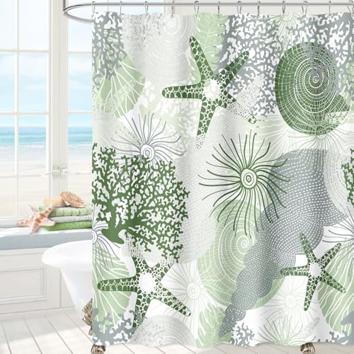 MAYZUS Beach Ocean Themed Shower Curtain, Sage Green Cute Nautical