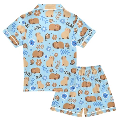 Cute Capybara Purple Flowers Summer Satin Pajama Set, Cute Button-Down Sleepwear Pj Set for Sleep Wears2