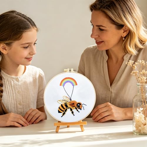 Image of Crafmanoe Cute Bees Embroidery Kits for Beginners Adults, Hand Embroidery Starters Kits, Stamped Cross Stitch Kits DIY Needlepoint Kits for Beginners Adults, Embroidery Hoop, Thread and Video Tutorial