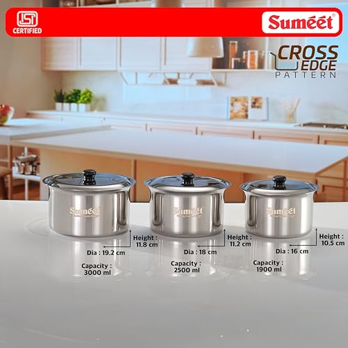 Image of Sumeet ISI Certified HeavyPly Premium Stainless Steel Cross Edge Induction & Gas Stove Friendly Patila /Bhagona /Container /Tope /Cookware Set of 3 Pcs with Lids - 1900ml / 2500ml / 3000ml,