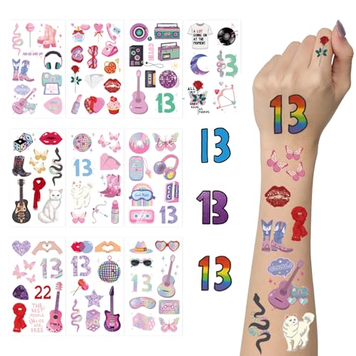 91 Pcs Temporary Tattoos for Singer Fans Music Album World Tour Tattoos Lucky Number 13 Hand Face Tattoo Stickers for Music Lover Concert Merch Accessories Party Favor Decoration Gift Idea