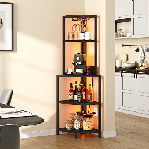 image for YITAHOME Corner Shelf with Power Outlets & LED Lights & Glass Holder, 