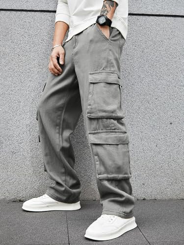 Image of Men's 8 Pocket Cargo Pants | Premium Cotton Twill Baggy Fit Trousers | Stretchable Casual Streetwear Cargos | Mid Rise