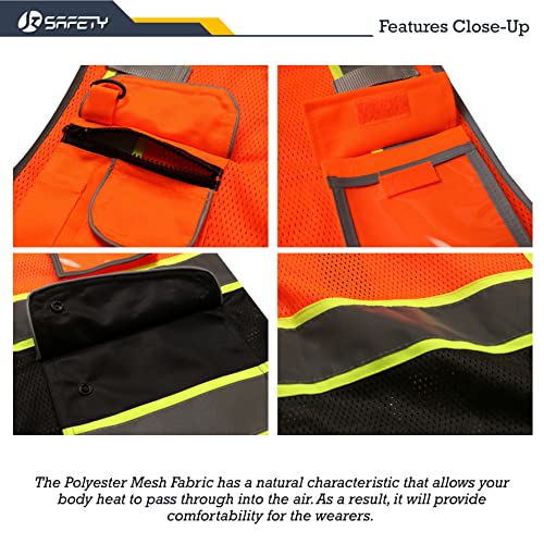 Image of JKSafety 9 Pockets High Visibility Dual Color Zipper Front MESH Lite Safety Vest | Yellow Color Triming Reflective Strip | ANSI /ISEA Standards (100-Orange-Black,3XL)