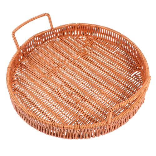 CIYODO 1pc Storage Basket Round Serving Platter Round Rattan Basket Rattan Serving Tray Home Decoration Breakfast Foods Snacks Container Wicker Serving Tray Trays Brown Plastic re-usable