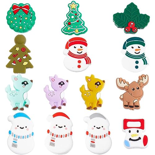 SUNNYCLUE 1 Box 14Pcs Christmas Silicone Beads Silicone Focal Beads Bulk Snowman Christmas Tree Shaped Beaded Reindeer Animal Shapes Large Beads for Pens Lanyard Garland Keychain Making Supplies