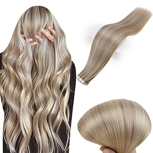 Full Shine 20 Inch Invisible Tape in Hair Extensions Human Hair Piano Color 18/613 Two Tone Blonde Hair Extensions Glue in Hair 20 Pcs 50 Gram Pu Tape Hair Extensions Remy Hair