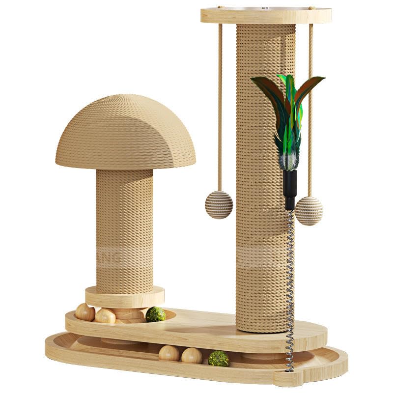 Image of Solid Pine Wood Cat Toy Scratching Post Tower with Roller Ball Track, Catnip Balls & Feather Teaser - 2-Level Sisal Cat Scratcher Activity Tower for Indoor Cats- Double Tower