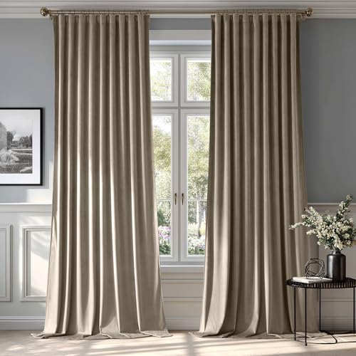 Image of MIULEE Taupe Velvet Pinch Pleat Blackout Curtains W52 X L96 Inches