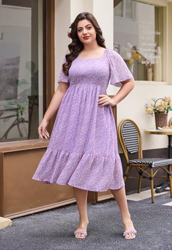Image of Keluummi Plus Size Wedding Guest Maxi Dresses for Curvy Women, Summer Casual Boho Floral Smocked Empire Waist A Line Sundress