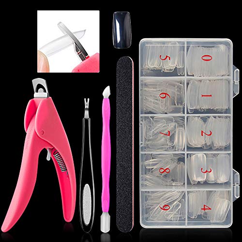 Leezi Acrylnagelspitzen, 500 PCS Clear French Full Cover Fake Nail Tips, DIY UV Künstlicher falscher Nagel mit Nagelfeile und Nail Art Pinsel, Nagelhautschieber für Frauen Mädchen (10 Größen) Cover