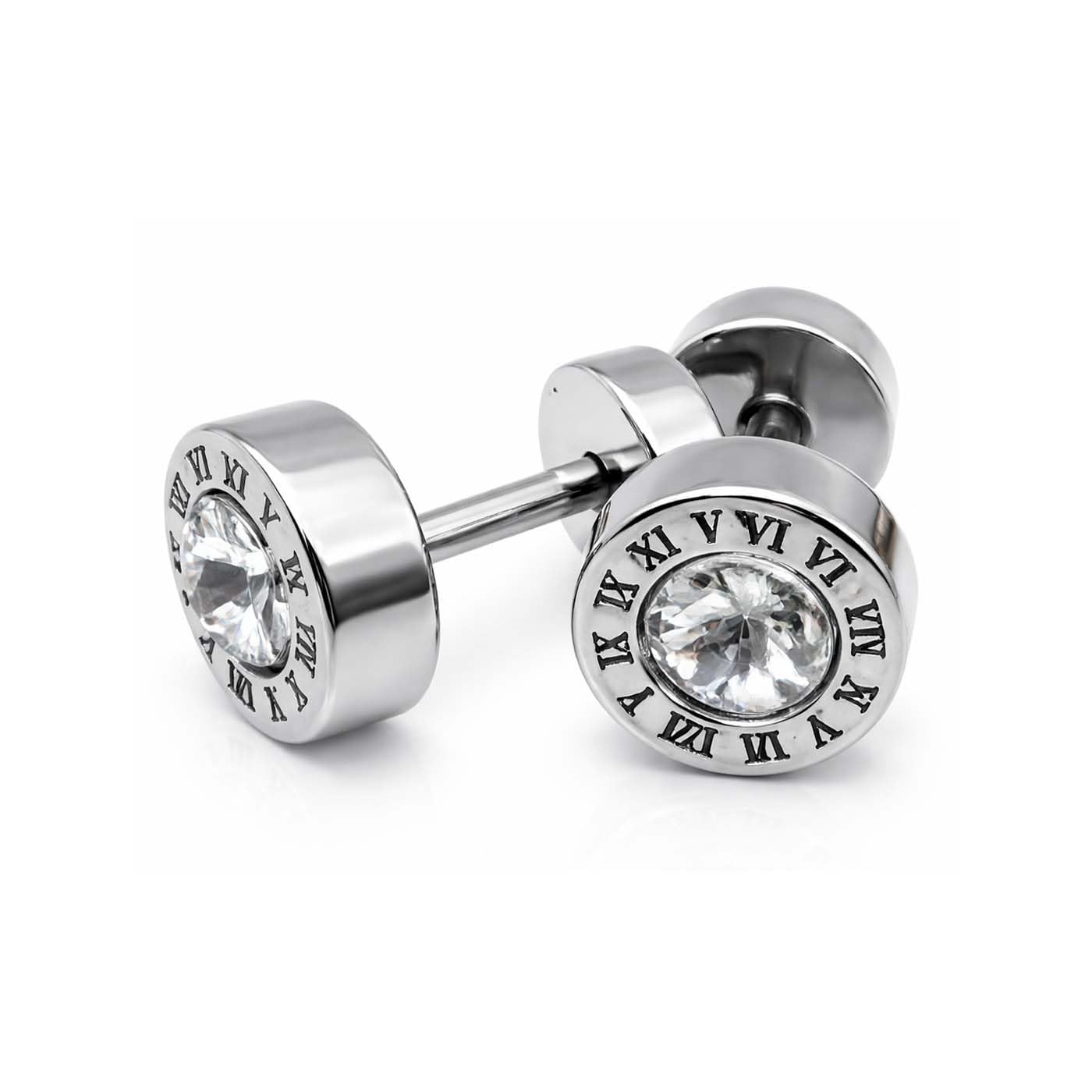 (1 Pair) Unisex Fancy & Stylish Stainless Steel Silver Glossy Finish Elegant Cubic Zirconia Round Roman Numeral Design Dumbbell/Barbell Stud Ear Piercing Earrings for Men & Women-image-44