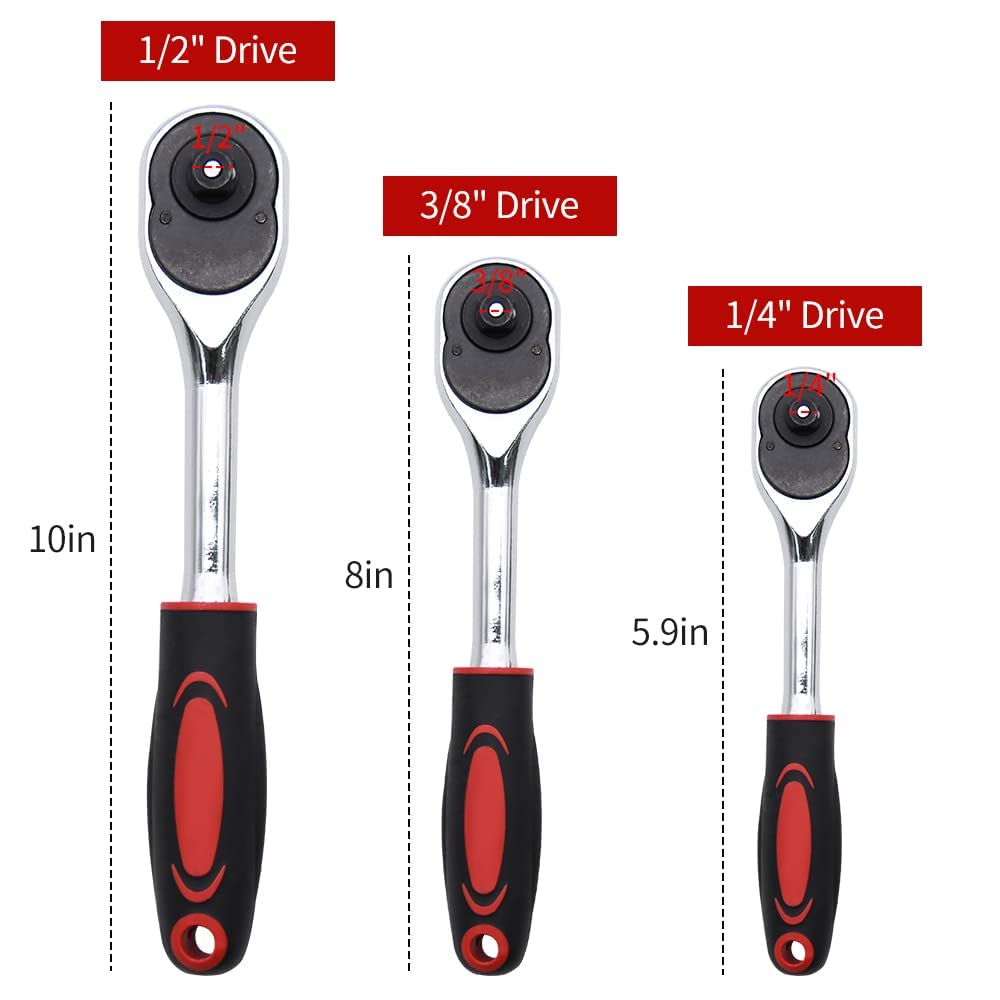Ratchet Set, 3 Pcs Professional Heavy Duty Ratchet Tool Set, Durable Drive Ratchet Wrench 1/4", 3/8",1/2", Quick-release Reversible Ratchet Handle, Chrome Vanadium Steel Construction and Chrome Plated