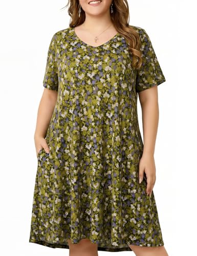 Image of OVERWORETY Womens Short Sleeve Plus Size T-Shirt Dress V Neck Casual Loose Swing A-Line Summer Tunic Dresses with Pockets